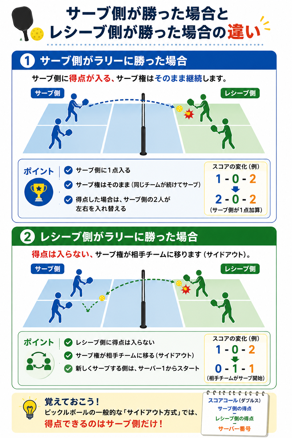 ピックルボールでサーブ側が勝った場合とレシーブ側が勝った場合の違い