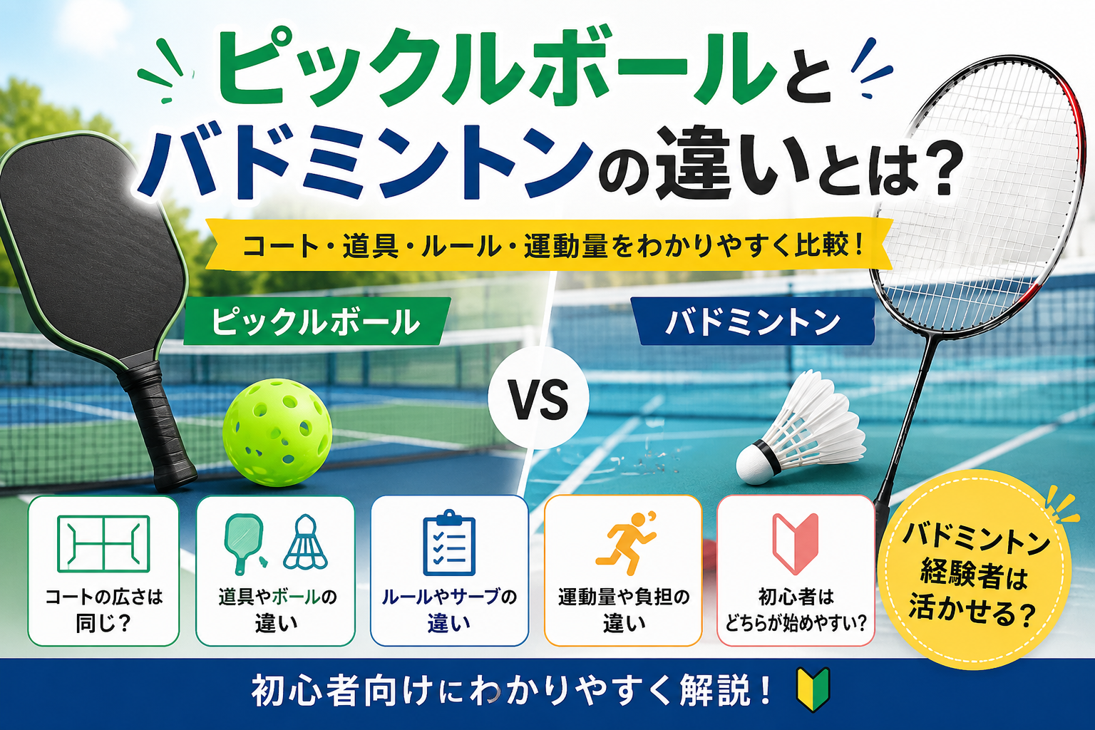 ピックルボールとバドミントンの違いとは？コート・道具・ルール・運動量を初心者向けにわかりやすく比較！